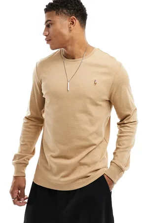 Ralph Lauren Multi icon logo pima cotton long sleeve top custom fit in camel marl