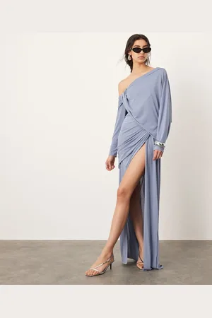 ASOS Draped off shoulder maxi dress with waist detail in blue