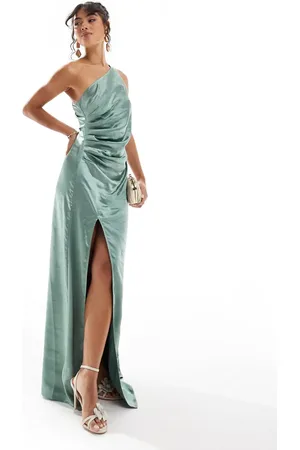 Pretty Lavish Bridesmaid Amelia one shoulder ruched satin maxi dress in eucalyptus