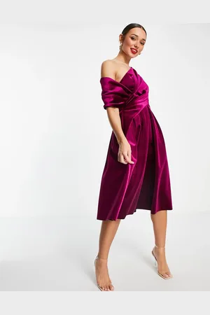 ASOS Velvet bare shoulder prom midi dress in berry