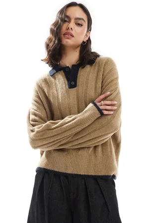 ASOS Chunky knitted polo shirt in wide rib in mocha