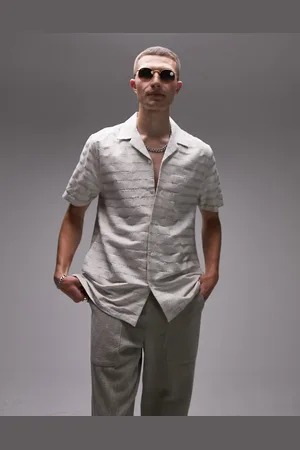 Topman Short sleeve regular fit revere textured stripe shirt in stone