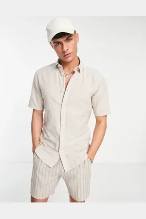 Only & Sons Short sleeve slim fit shirt in linen mix in beige
