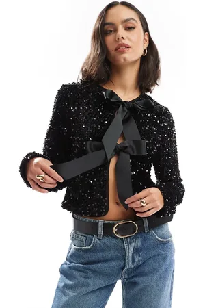 ONLY Sequin velvet tie front top in