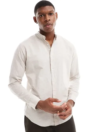 JACK & JONES Linen shirt with grandad neck in beige