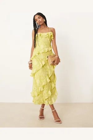 Pretty Lavish Cross front ruffle midaxi dress in chartreuse