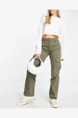 Pull&Bear High waisted straight leg cargo trousers in khaki