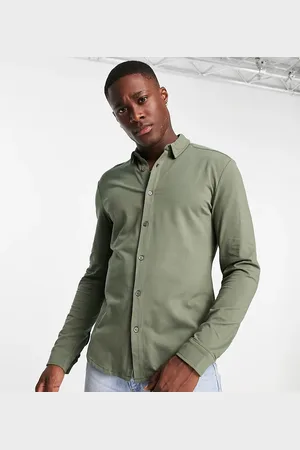 New Look Long sleeve muscle fit jersey shirt in dark khaki