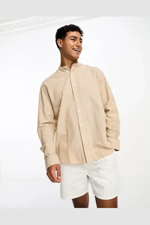 SELECTED Long sleeve grandad collar linen shirt in beige