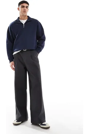 ASOS Super baggy pleated trousers with belt in charcoal