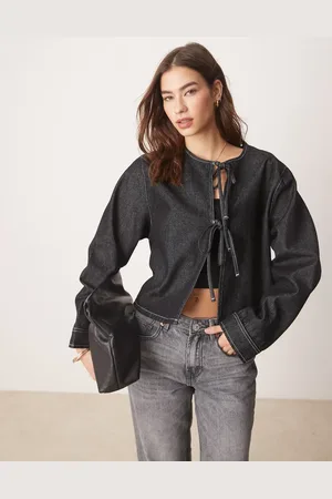 ASOS Tie front denim top with long sleeve with contrast stitch in ecru