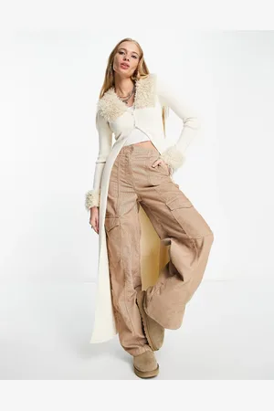 Bershka Shaggy fur trim longline cardigan in ecru