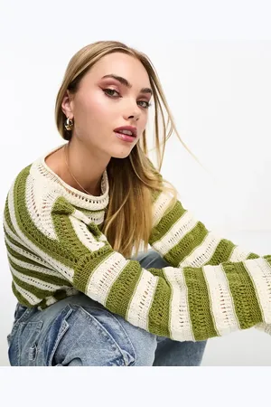 Pull&Bear Open knit striped jumper in khaki