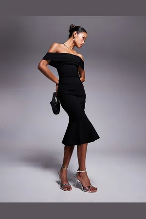 Vesper Bengaline bardot fishtail hem midi dress in black