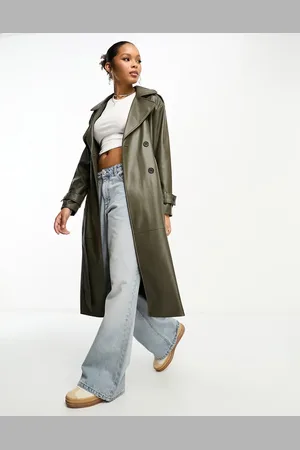 Pull&Bear Belted faux leather trench coat in khaki