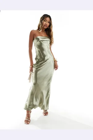 In The Style Exclusive liquid satin bandeau cut out back maxi dress in sage