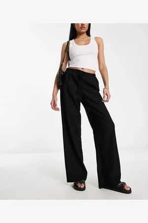 Bershka Tie waist wide leg linen trousers in