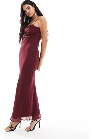 ASOS Cowl detail eyelash lace bias maxi dress in burgundy
