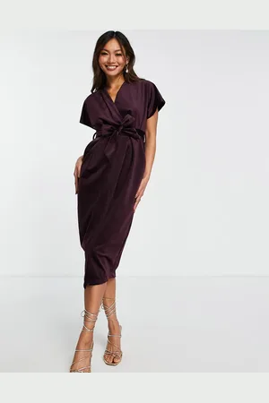 Closet Kimono sleeve velvet midi dress with wrap tie in plum