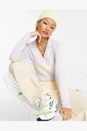Stradivarius STR cropped polo in lilac argyle print