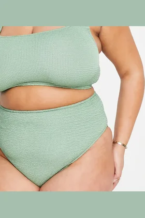 ASOS Curve mix and match crinkle high leg high waist bikini bottom in khaki