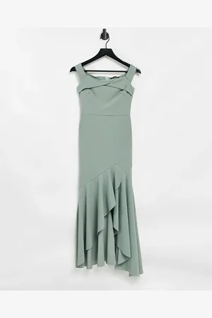 Little Mistress Bardot fishtail bridesmaid dress in sage