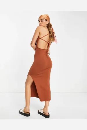 ASOS Knitted midi dress with cross back tie detail in