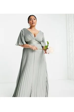 ASOS ASOS DESIGN Curve Bridesmaid pleated flutter sleeve maxi dress with satin wrap waist in olive