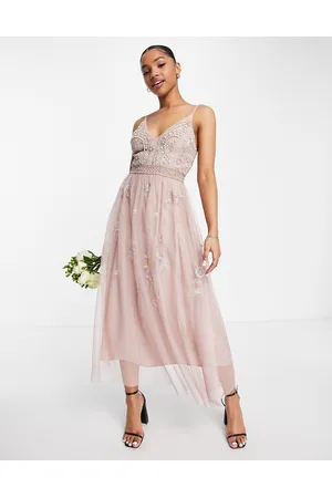 ASOS Bridesmaid pearl embellished cami midi dress with floral embroidery in rose