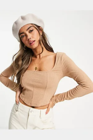 New Look Ribbed square neck corset top in camel