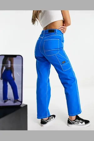 Bershka Contrast seam carpenter straight leg jeans in cobalt