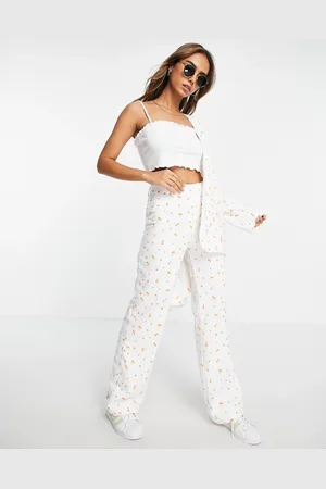 Monki Co-ord straight leg tailored trousers in white blossom print