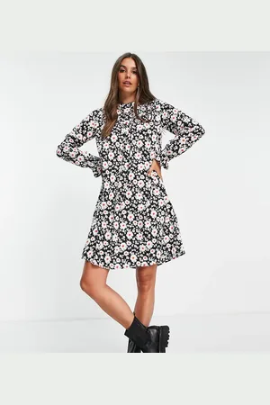 Pieces® Frill detail high neck mini smock dress in black floral