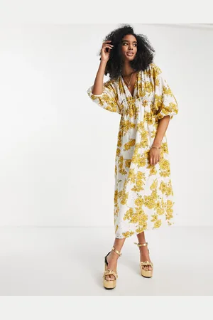ASOS Gathered waist broderie midi dress in floral print