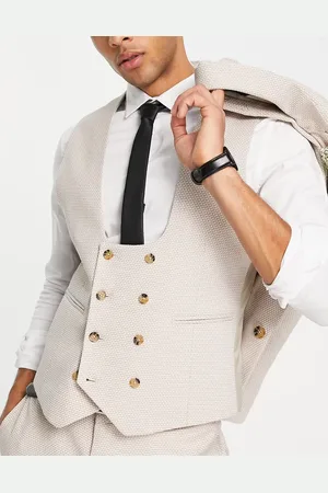ASOS Wedding super skinny suit waistcoat in birdseye texture in stone