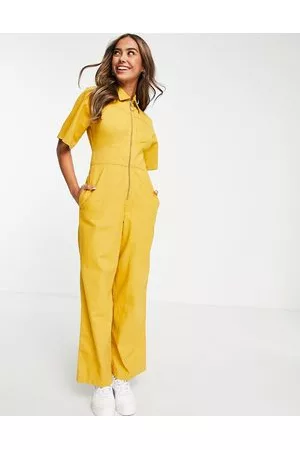ASOS Twill zip front panelled boilersuit in washed mustard