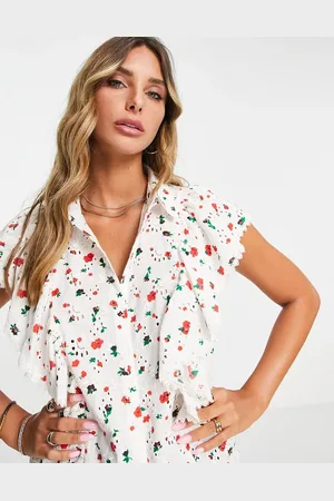 Y.A.S Y.A.S frill detail short sleeve shirt co-ord in white print