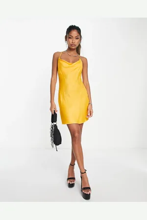 Bershka Ruched side cowl neck satin mini dress in yellow