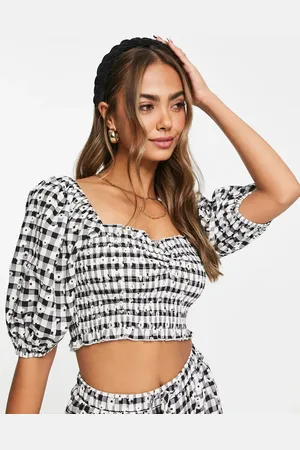 The Frolic Shirred bust puff sleeve co-ord blouse in monochrome gingham