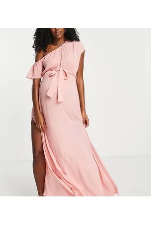 ASOS DESIGN Maternity off shoulder wrap plisse midi dress in soft pink