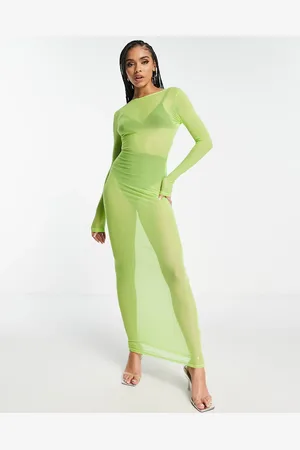 Simmi London Simmi long sleeve sheer maxi scoop back dress in lime