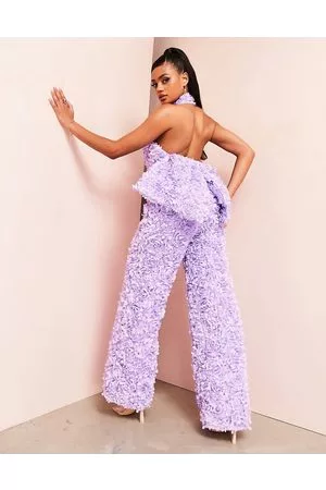 ASOS 3D floral open back jumpsuit with oversized bow in lilac