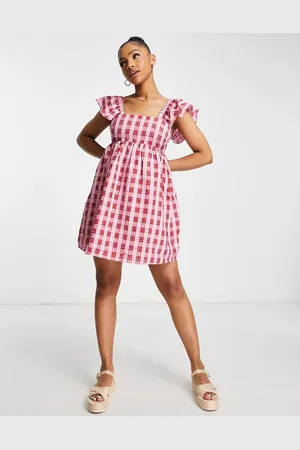 New Look Tie back frill strap gingham mini dress in