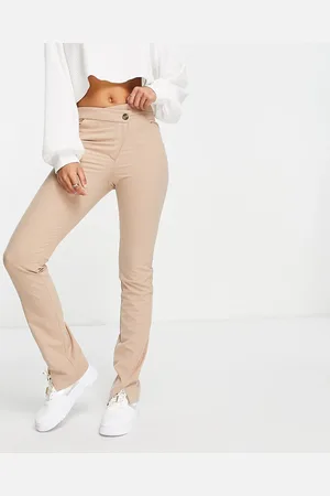 Weekday Salena cotton trousers with slit hem and cross over fly in mole - BEIGE