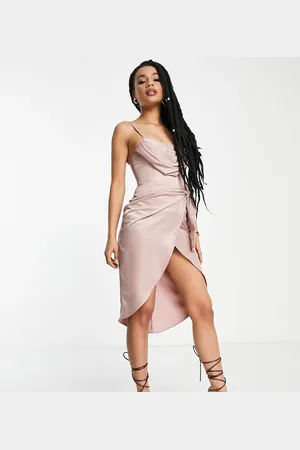 First Distraction First Distraction the label Petite satin midi dress with wrap skirt in blush