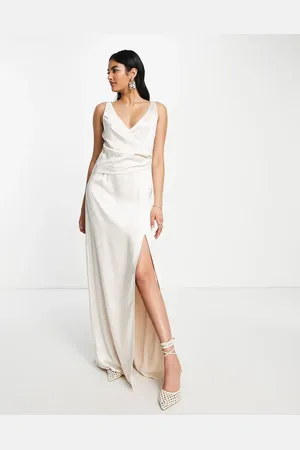 Pretty Lavish Bridesmaid satin wrap maxi dress in champagne