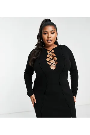 ASOS ASOS DESIGN Curve knitted midi dress with lace up and seam detail in
