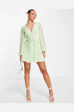 ASOS Button through ruched waist pleated mini dress in metallic dobby in soft