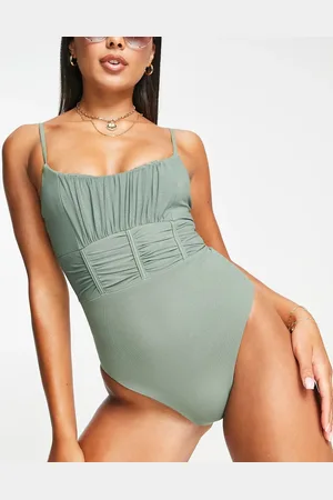 ASOS Corset detail mesh swimsuit in khaki