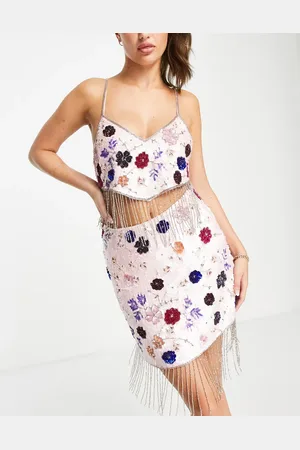Miss Selfridge Premium embellished floral mini skirt with fringe detail in